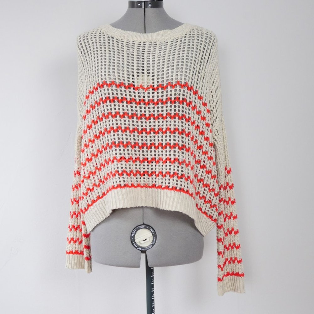 Cozy S&S Casual Bright Red Orange and Beige Loose Knit Raglan Sweater Sz S/M